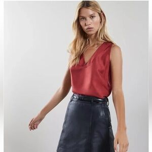 NWT Reiss Jorja Burnt Orange 100% Silk V-Neck Pleated Tank Top Sz 2